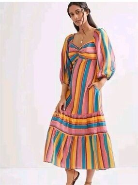 Farm Rio Striped Puff-Sleeve Midi Dress in Multicolor